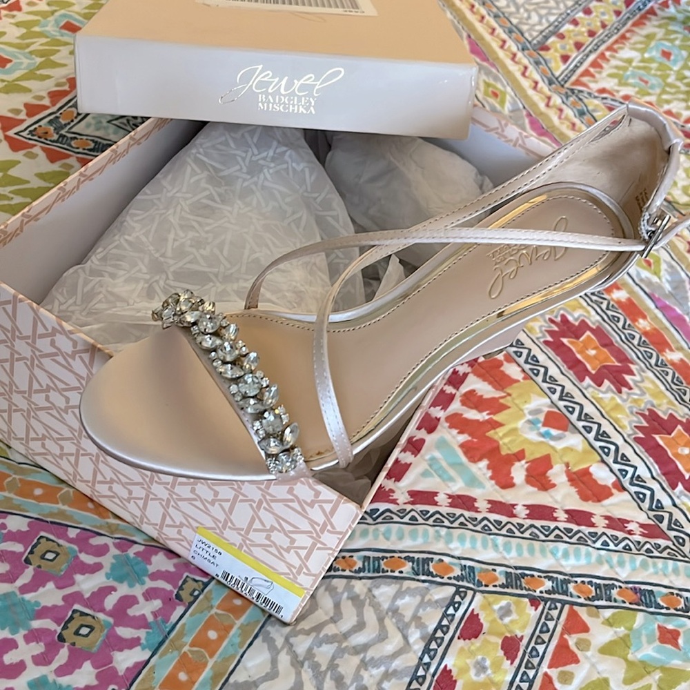 New in Box Size 6 Pale Pink Satin Jewel Badgley Mischka Wedge -Never Worn